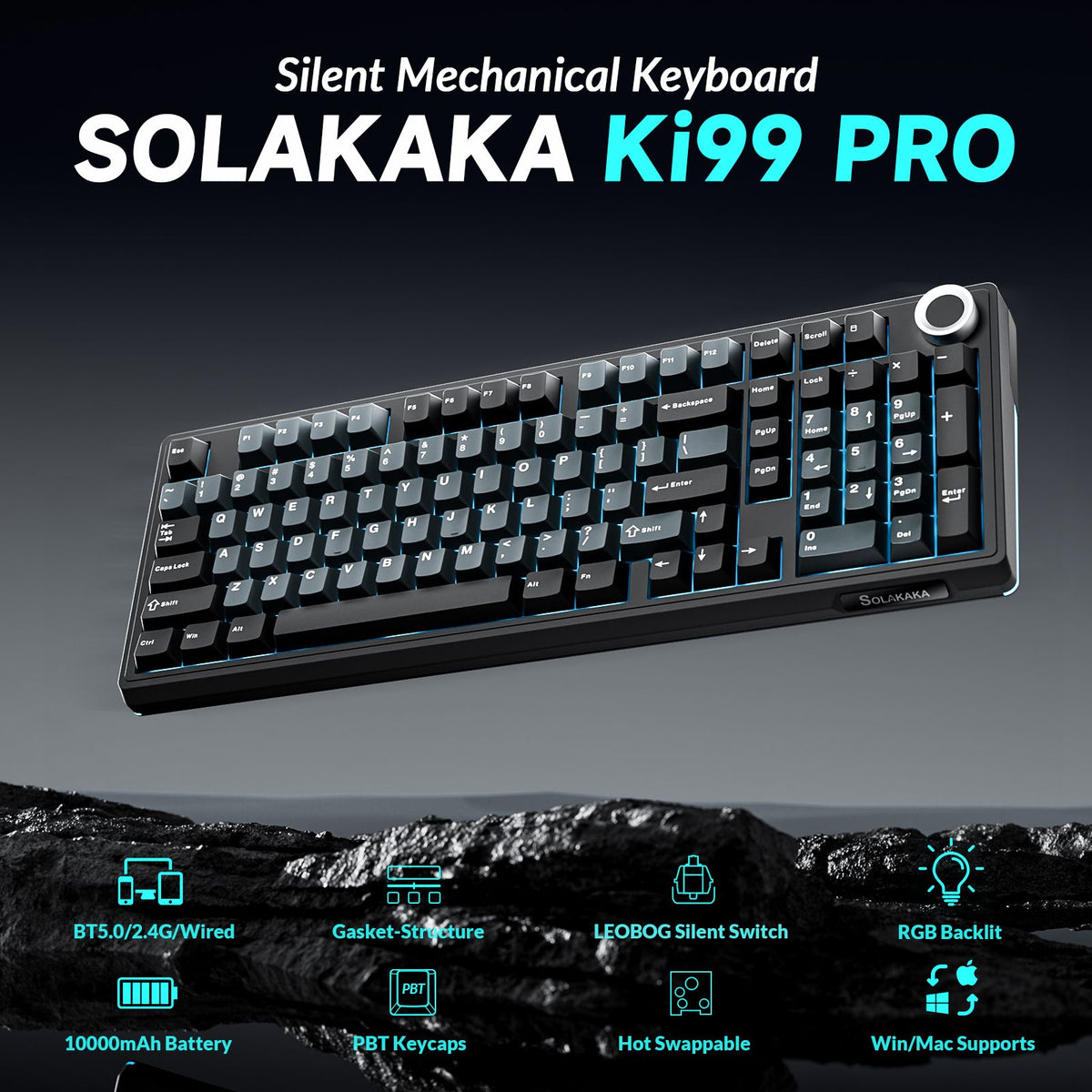 SOLAKAKA Ki99 Pro 99-Key Gasket Mechanical Keyboard Tri-Mode Hot-Swap Knob Black
