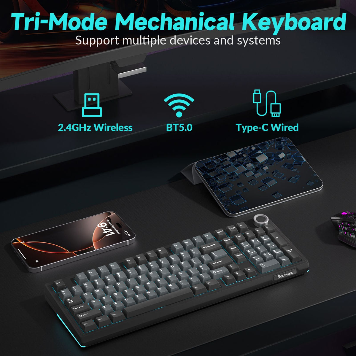 SOLAKAKA Ki99 Pro 99-Key Gasket Mechanical Keyboard Tri-Mode Hot-Swap Knob Black