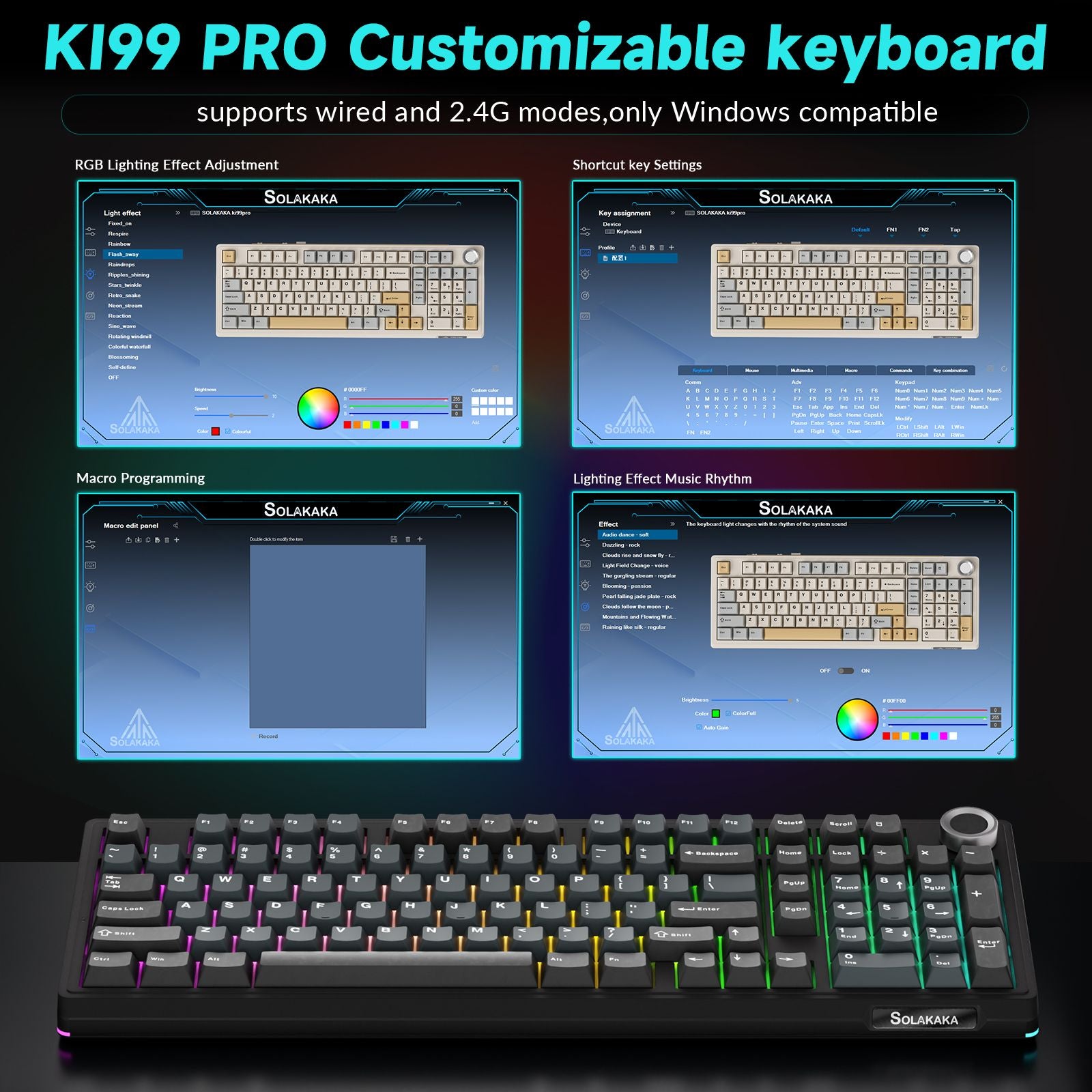 SOLAKAKA Ki99 Pro 99-Key Gasket Mechanical Keyboard Tri-Mode Hot-Swap Knob Black