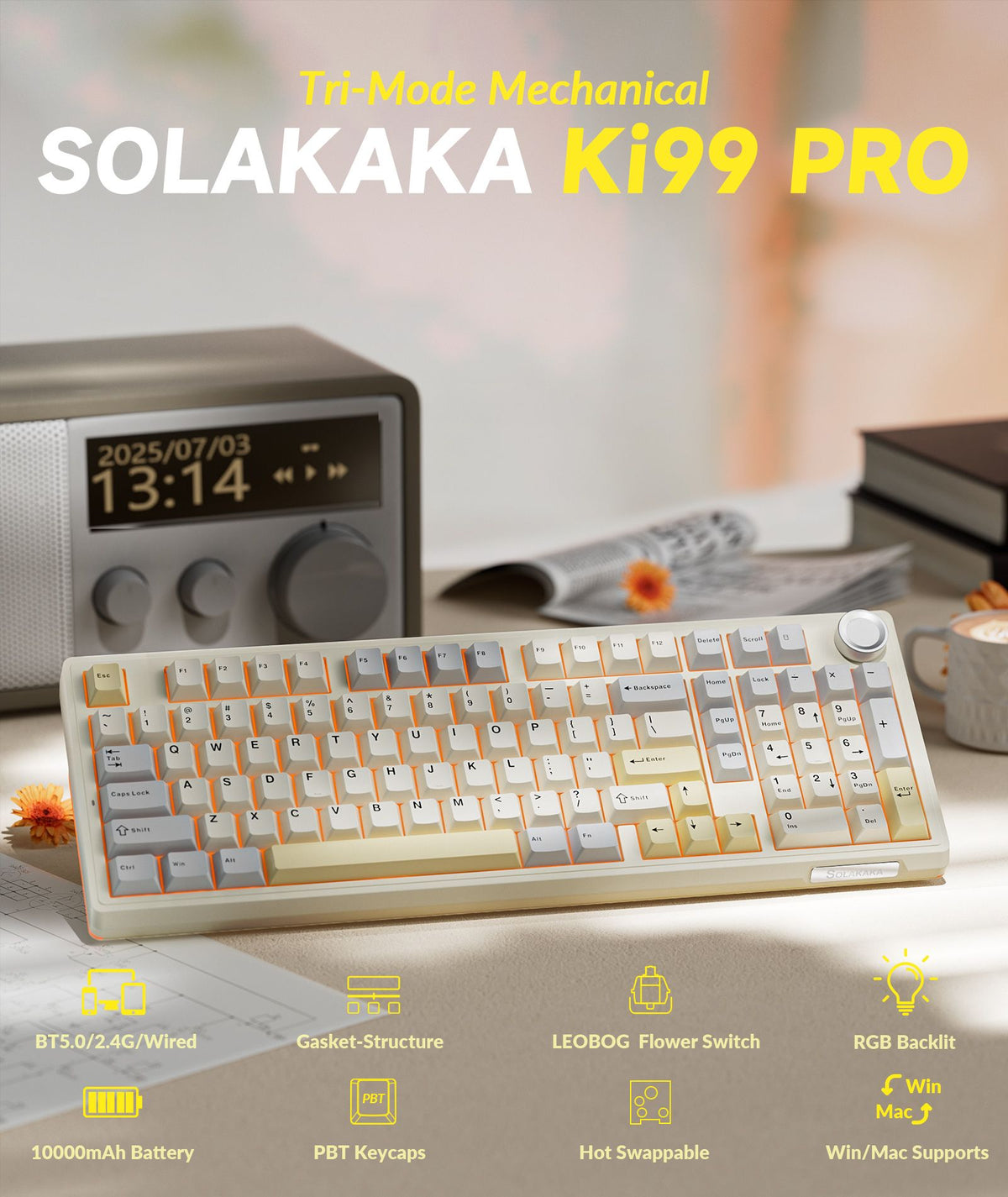 SOLAKAKA Ki99 Pro 99-Key Gasket Mechanical Keyboard Hot-Swap Tri-Mode Orange