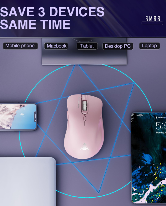 SOLAKAKA Silent Wireless Mouse Bluetooth 2.4GHz 4200 DPI 7 Buttons Pink
