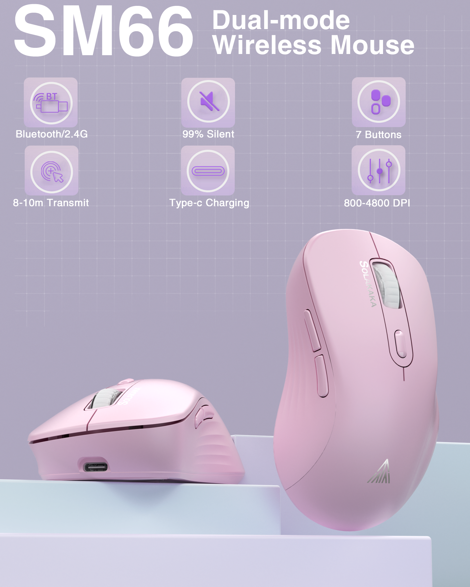 SOLAKAKA Silent Wireless Mouse Bluetooth 2.4GHz 4200 DPI 7 Buttons Pink