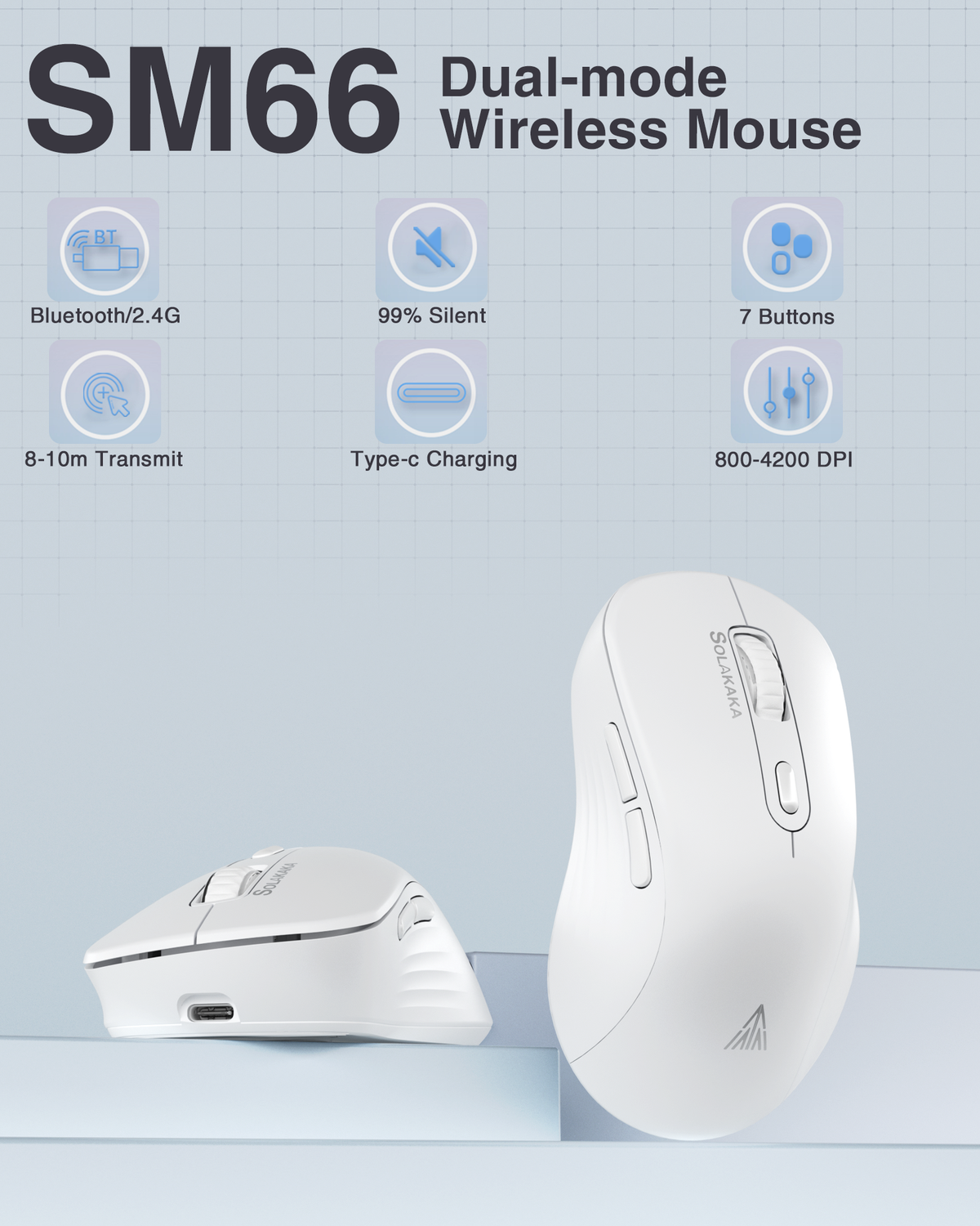 SOLAKAKA Silent Wireless Mouse Bluetooth 2.4GHz 4200 DPI 7 Buttons White