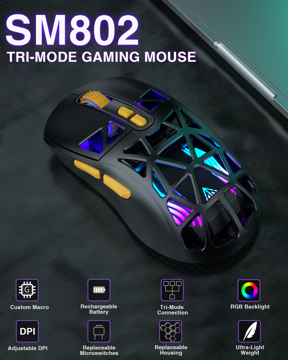 SOLAKAKA SM802 Pro Tri-Mode Gaming Mouse RGB 24000 DPI Hotswap Black