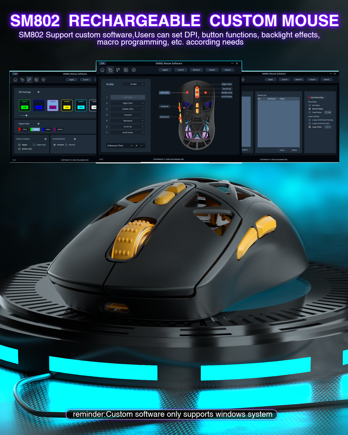 SOLAKAKA SM802 Pro Tri-Mode Gaming Mouse RGB 24000 DPI Hotswap Black