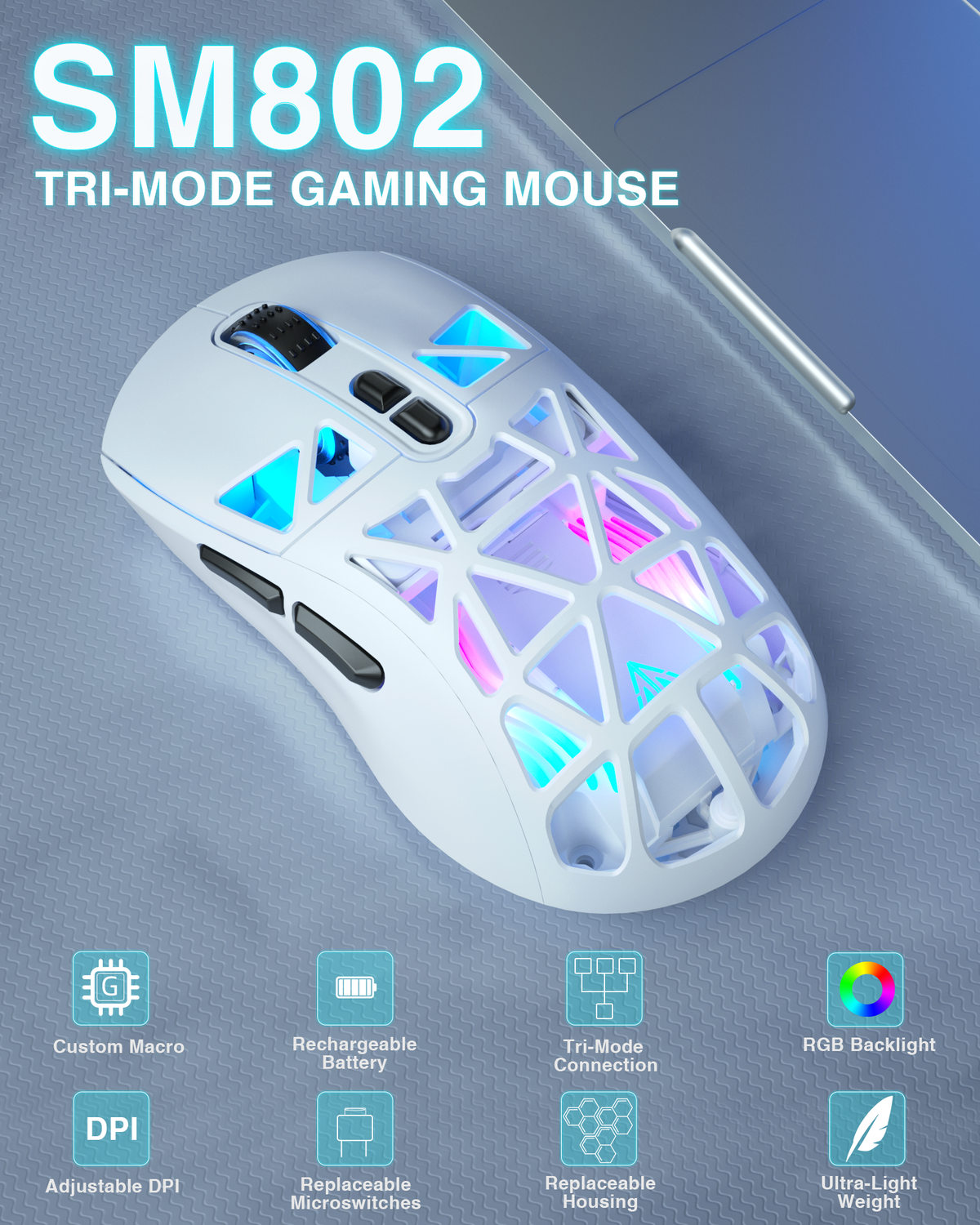 SOLAKAKA SM802 Pro Tri-Mode Gaming Mouse RGB 24000 DPI Hotswap White