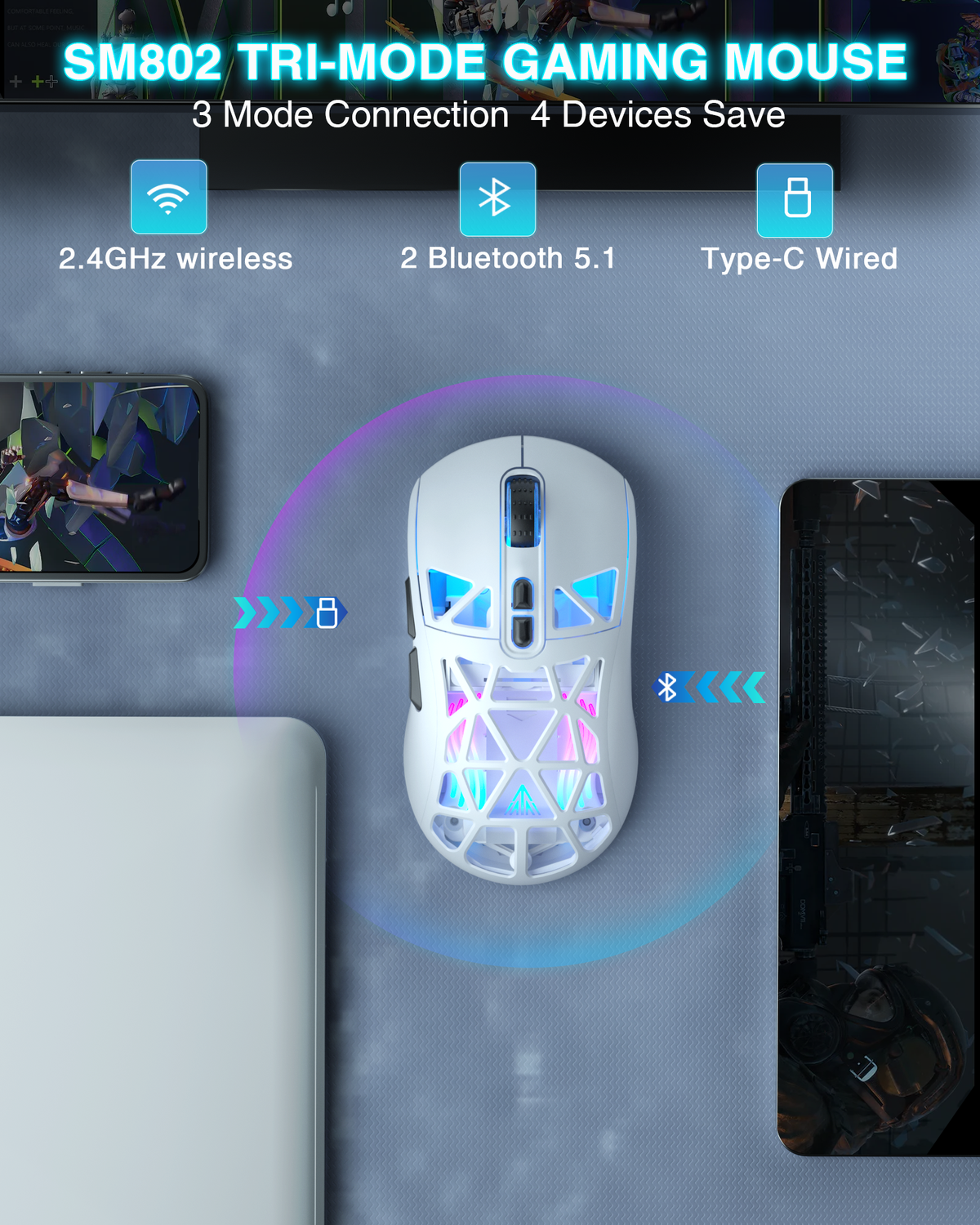 SOLAKAKA SM802 Pro Tri-Mode Gaming Mouse RGB 24000 DPI Hotswap White