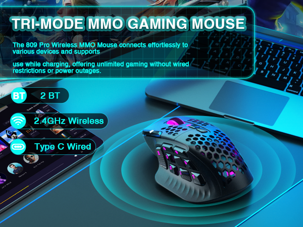SOLAKAKA Wireless MMO Gaming Mouse 16 Buttons Bluetooth 24000 DPI RGB Black