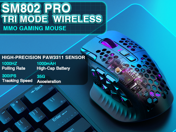 SOLAKAKA Wireless MMO Gaming Mouse 16 Buttons Bluetooth 24000 DPI RGB Black