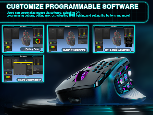 SOLAKAKA Wireless MMO Gaming Mouse 16 Buttons Bluetooth 24000 DPI RGB Black