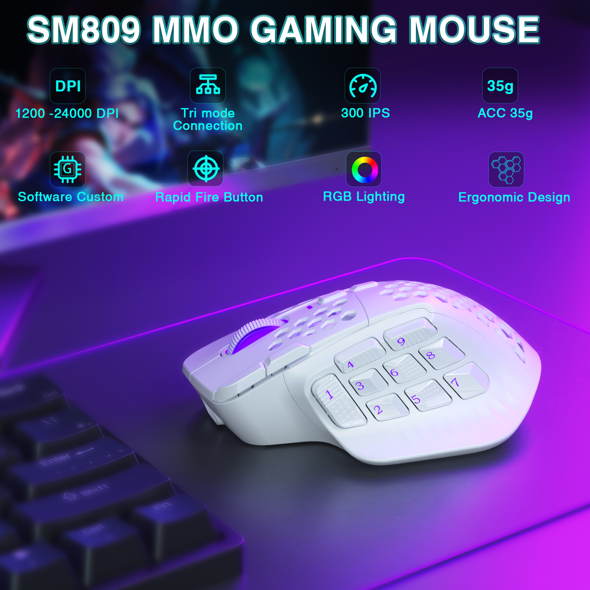 SOLAKAKA Wireless MMO Gaming Mouse 16 Buttons Bluetooth 24000 DPI RGB White