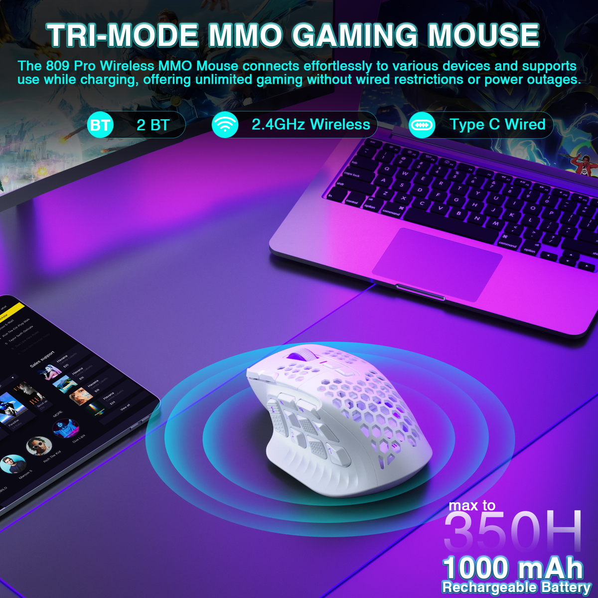 SOLAKAKA Wireless MMO Gaming Mouse 16 Buttons Bluetooth 24000 DPI RGB White