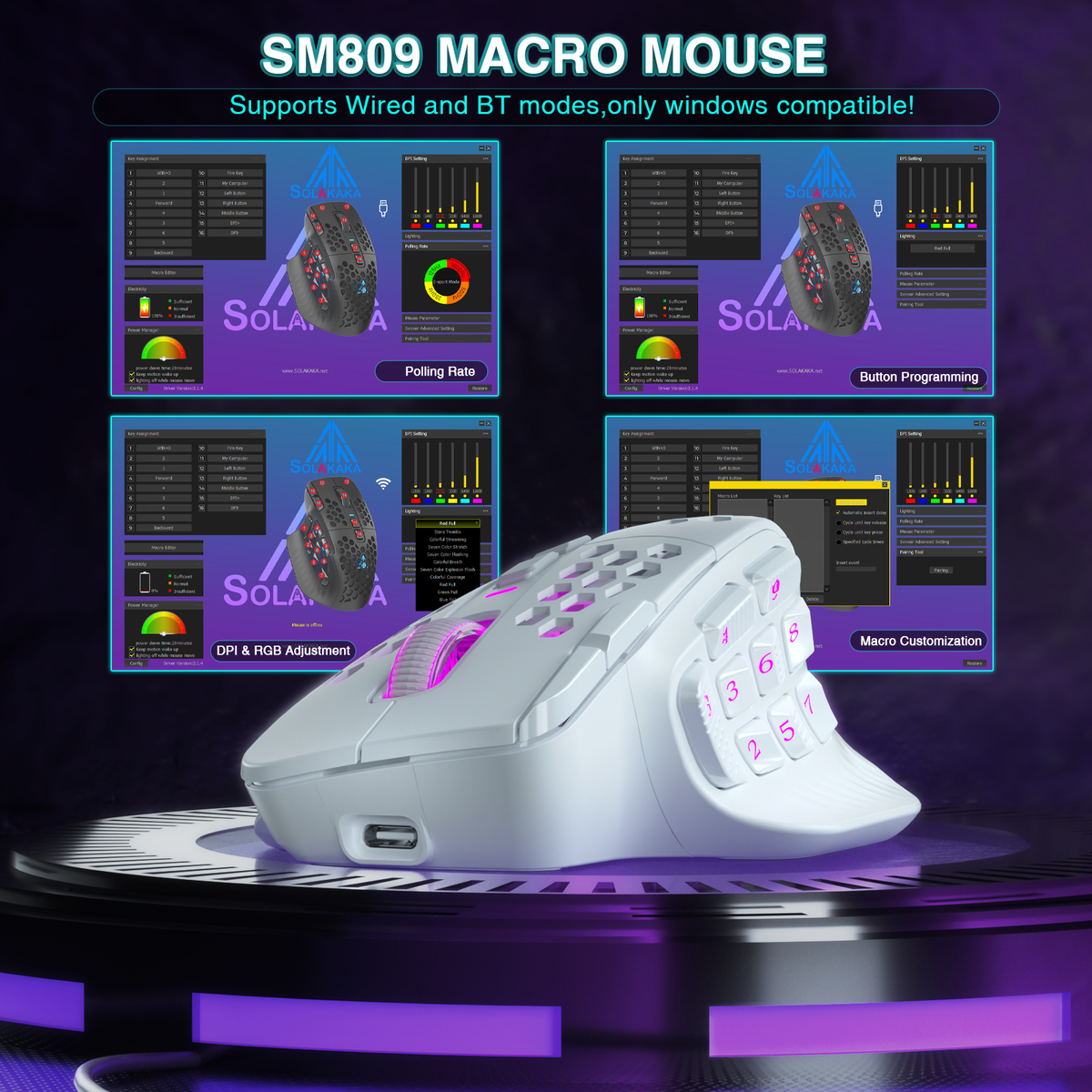 SOLAKAKA Wireless MMO Gaming Mouse 16 Buttons Bluetooth 24000 DPI RGB White