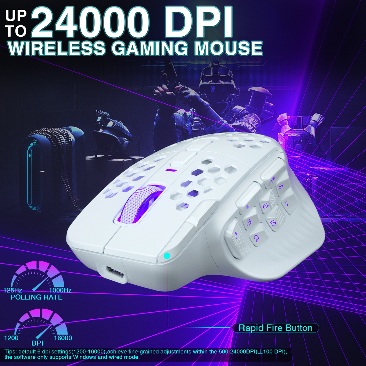 SOLAKAKA Wireless MMO Gaming Mouse 16 Buttons Bluetooth 24000 DPI RGB White