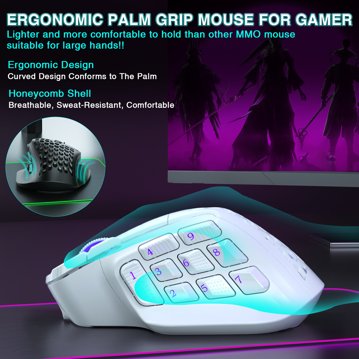 SOLAKAKA Wireless MMO Gaming Mouse 16 Buttons Bluetooth 24000 DPI RGB White