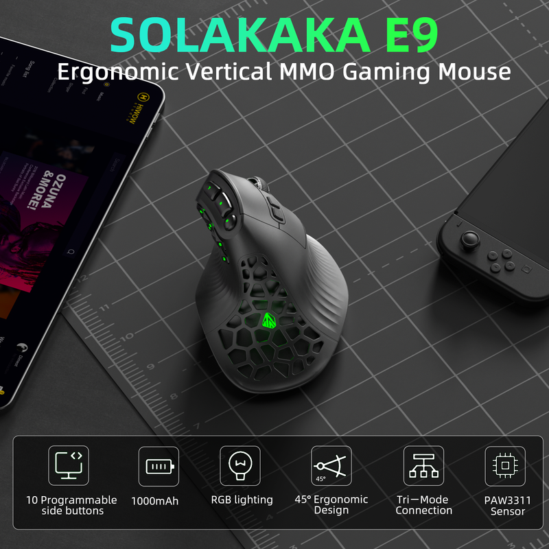 SOLAKAKA E9 Vertical MMO Gaming Mouse Tri-Mode 36000 DPI Ergonomic Black