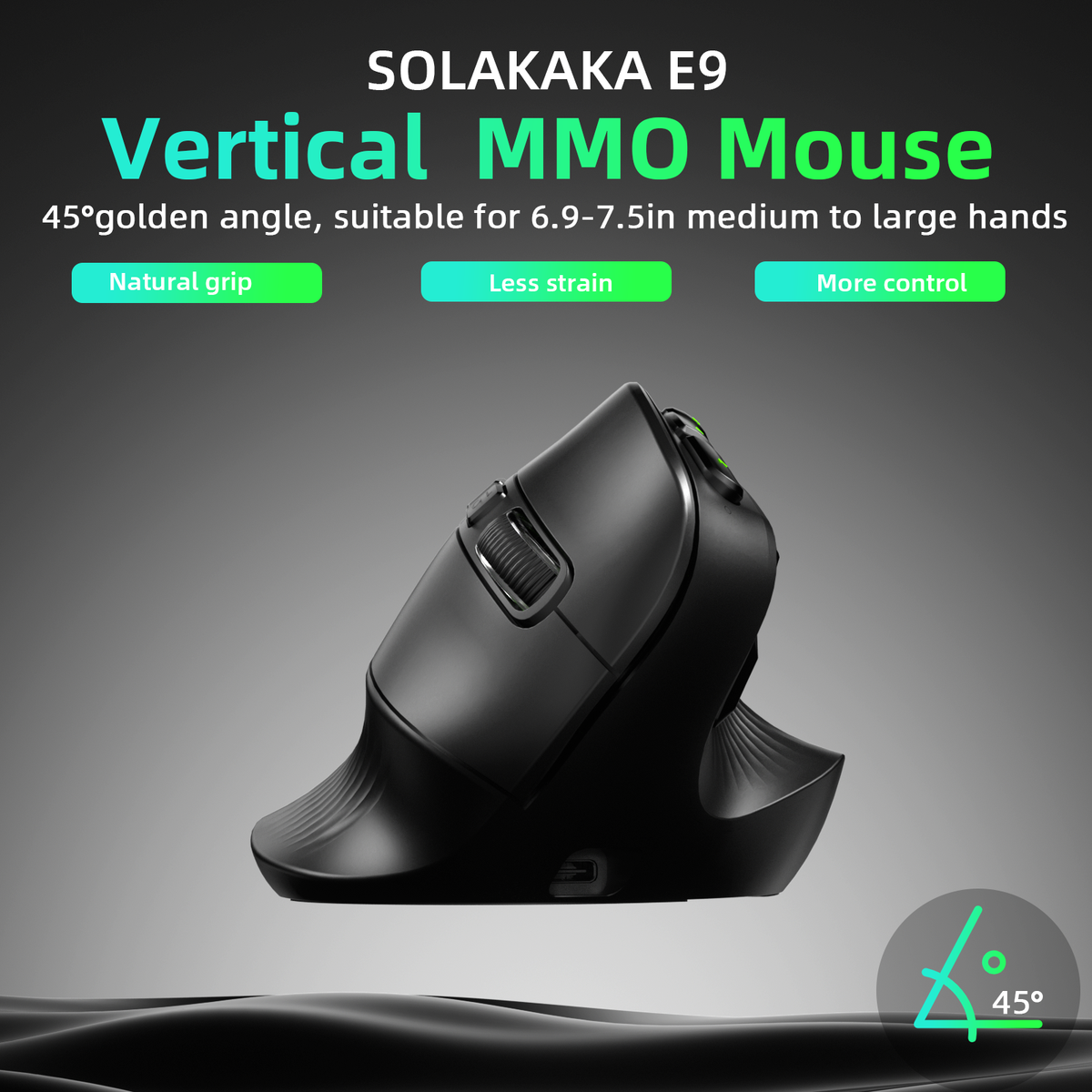 SOLAKAKA E9 Vertical MMO Gaming Mouse Tri-Mode 36000 DPI Ergonomic Black