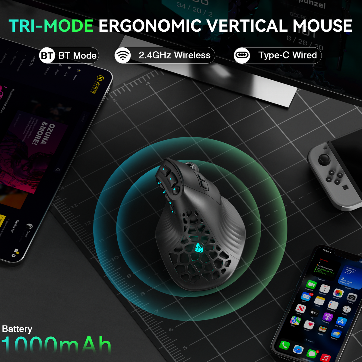 SOLAKAKA E9 Vertical MMO Gaming Mouse Tri-Mode 36000 DPI Ergonomic Black