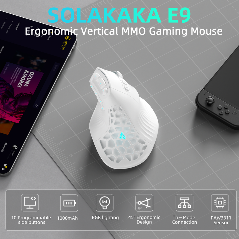 SOLAKAKA E9 Vertical MMO Gaming Mouse Tri-Mode 36000 DPI Ergonomic White