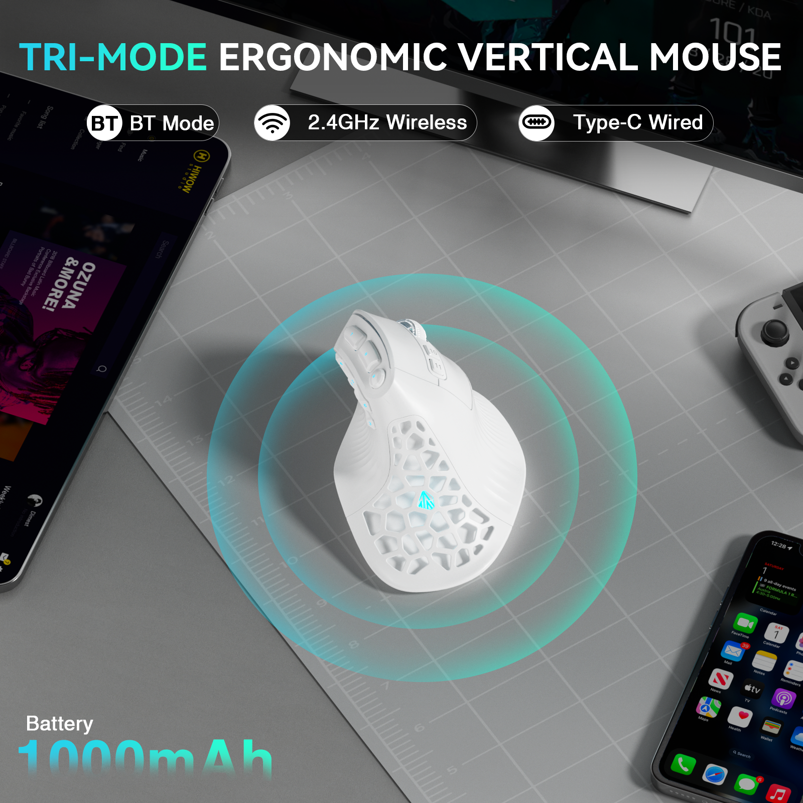 SOLAKAKA E9 Vertical MMO Gaming Mouse Tri-Mode 36000 DPI Ergonomic White