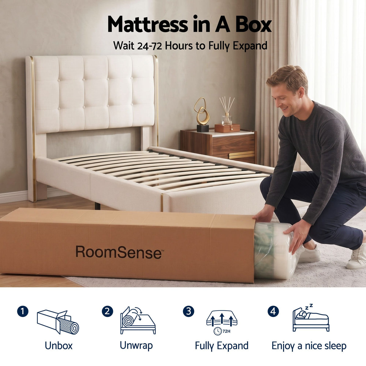 RoomSense Single Mattress, 34cm Thick Medium Firm Hybrid Mattress for Back Pain Relief