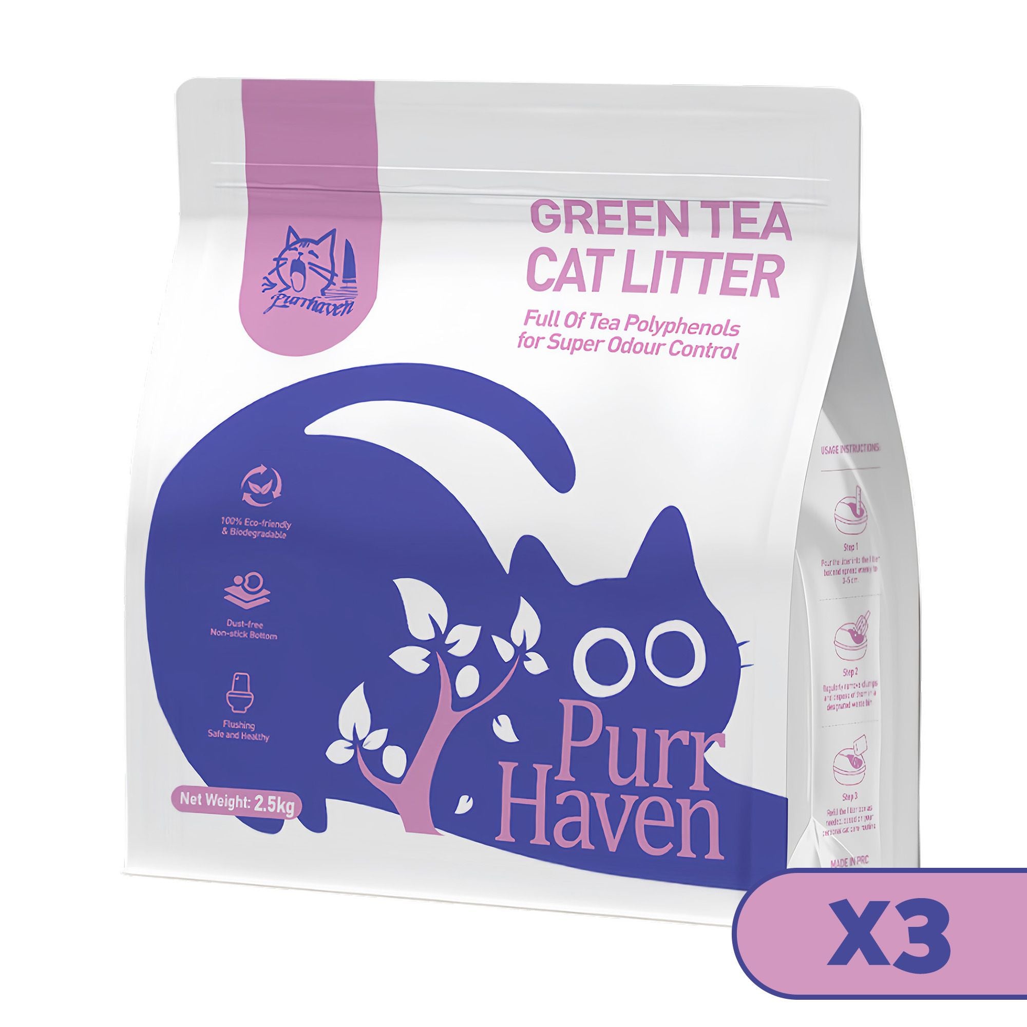 PurrHaven Green Tea Clumping Cat Litter 7.5kg 3 Pack Dust Free Flushable