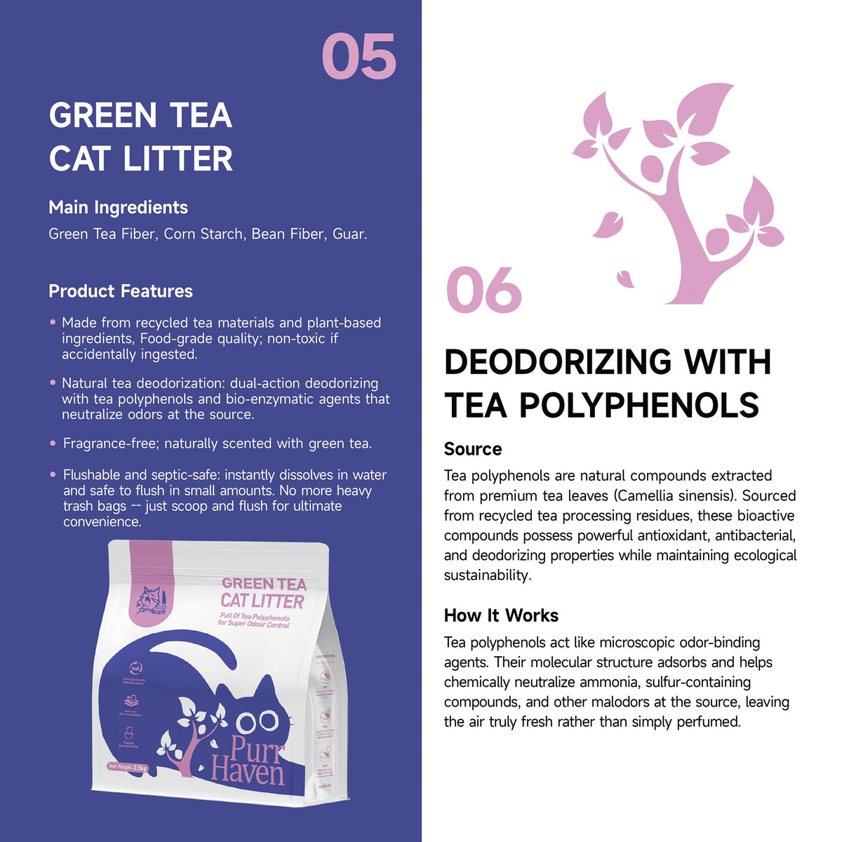 PurrHaven Green Tea Clumping Cat Litter 7.5kg 3 Pack Dust Free Flushable