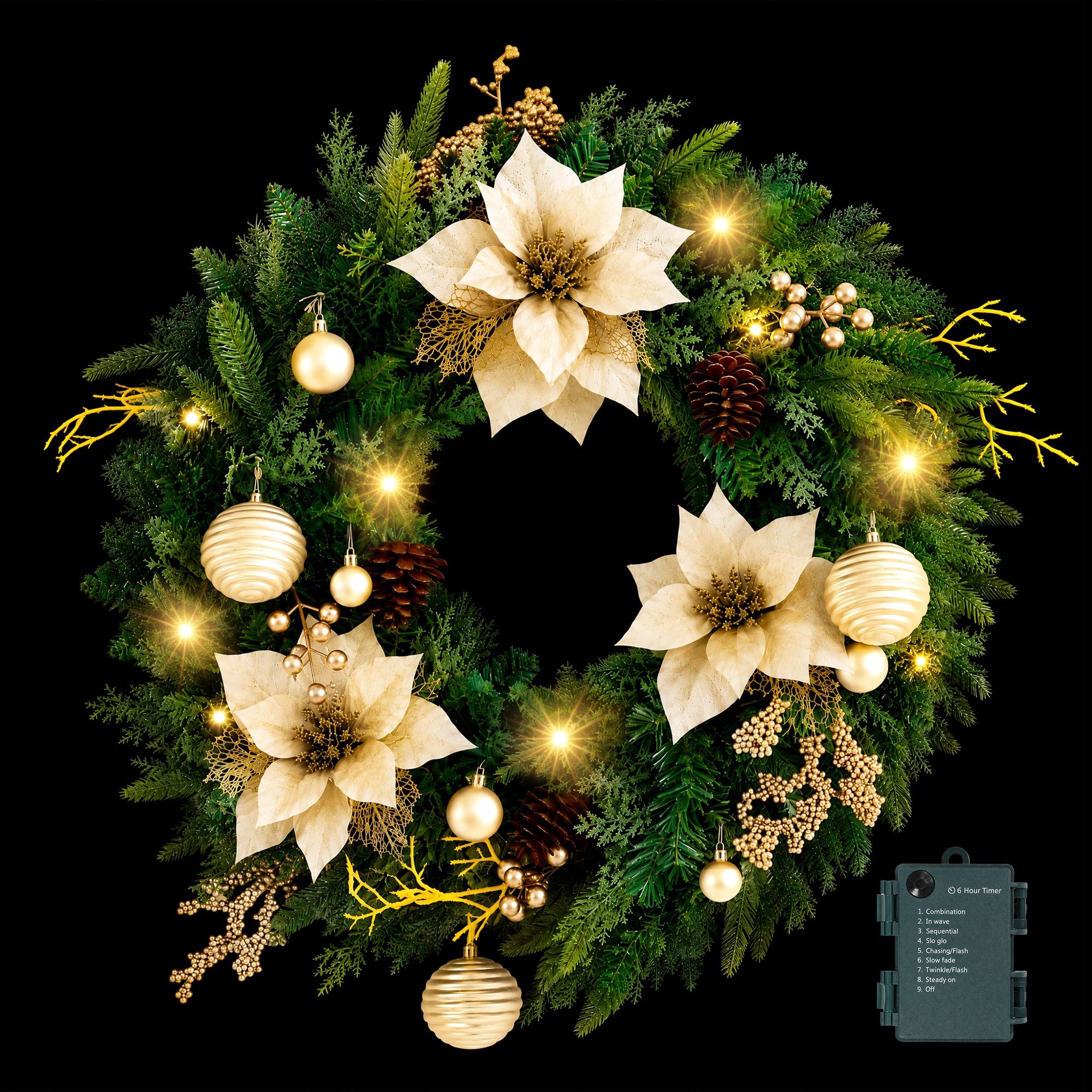 Jingle Jollys 60cm Pre-Lit Christmas Wreath LED Garlands Gold Flowers Pinecones