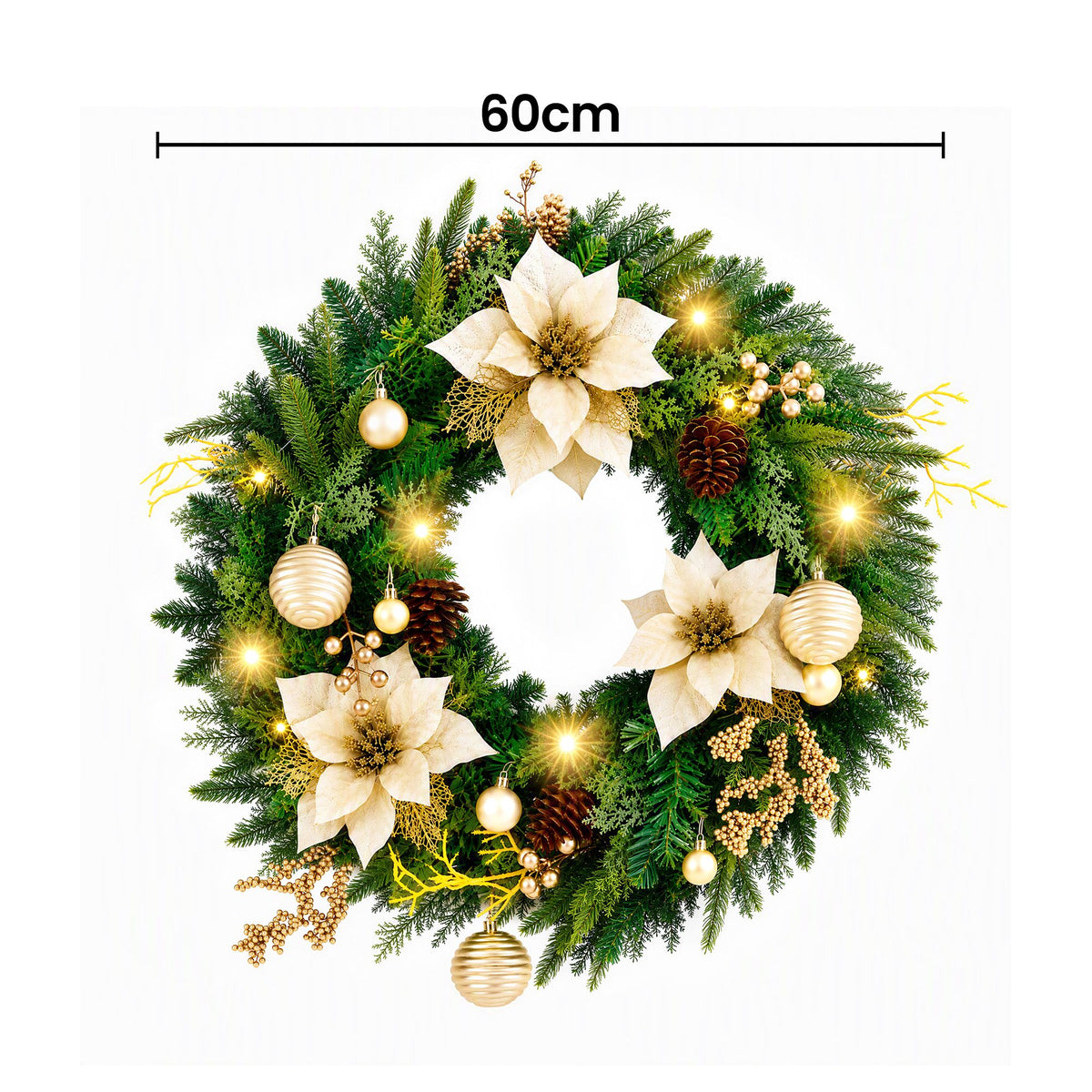 Jingle Jollys 60cm Pre-Lit Christmas Wreath LED Garlands Gold Flowers Pinecones