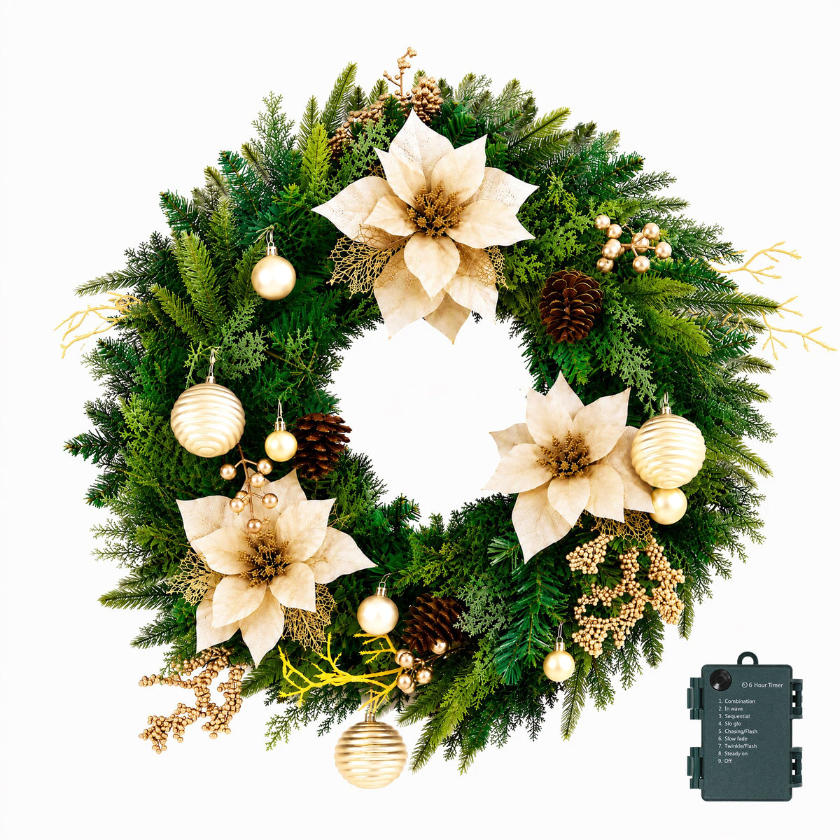 Jingle Jollys 60cm Pre-Lit Christmas Wreath LED Garlands Gold Flowers Pinecones