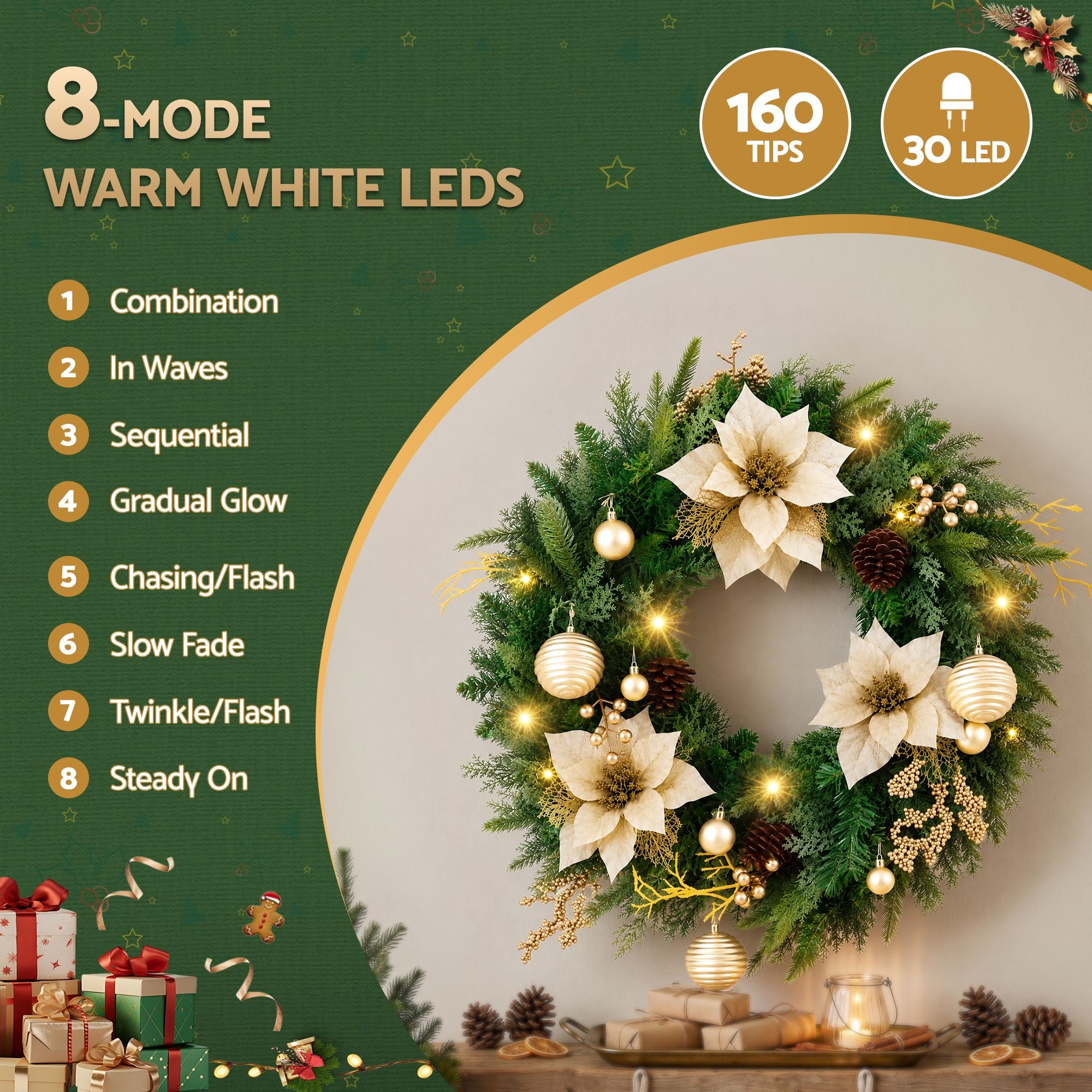 Jingle Jollys 60cm Pre-Lit Christmas Wreath LED Garlands Gold Flowers Pinecones