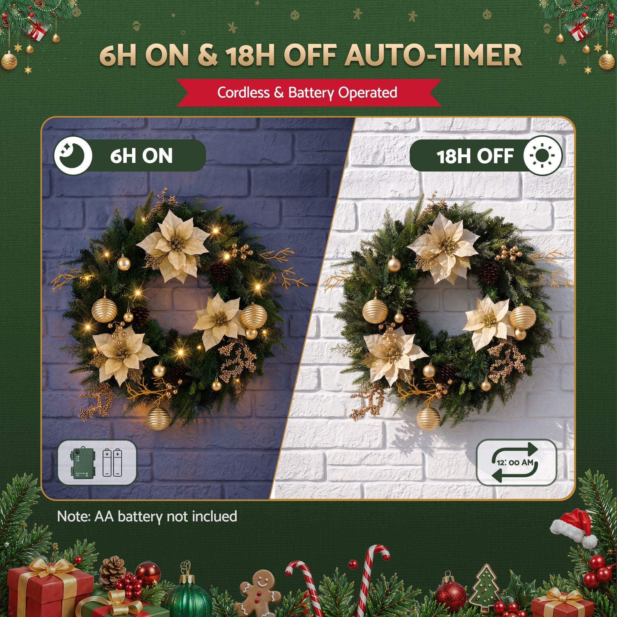 Jingle Jollys 60cm Pre-Lit Christmas Wreath LED Garlands Gold Flowers Pinecones