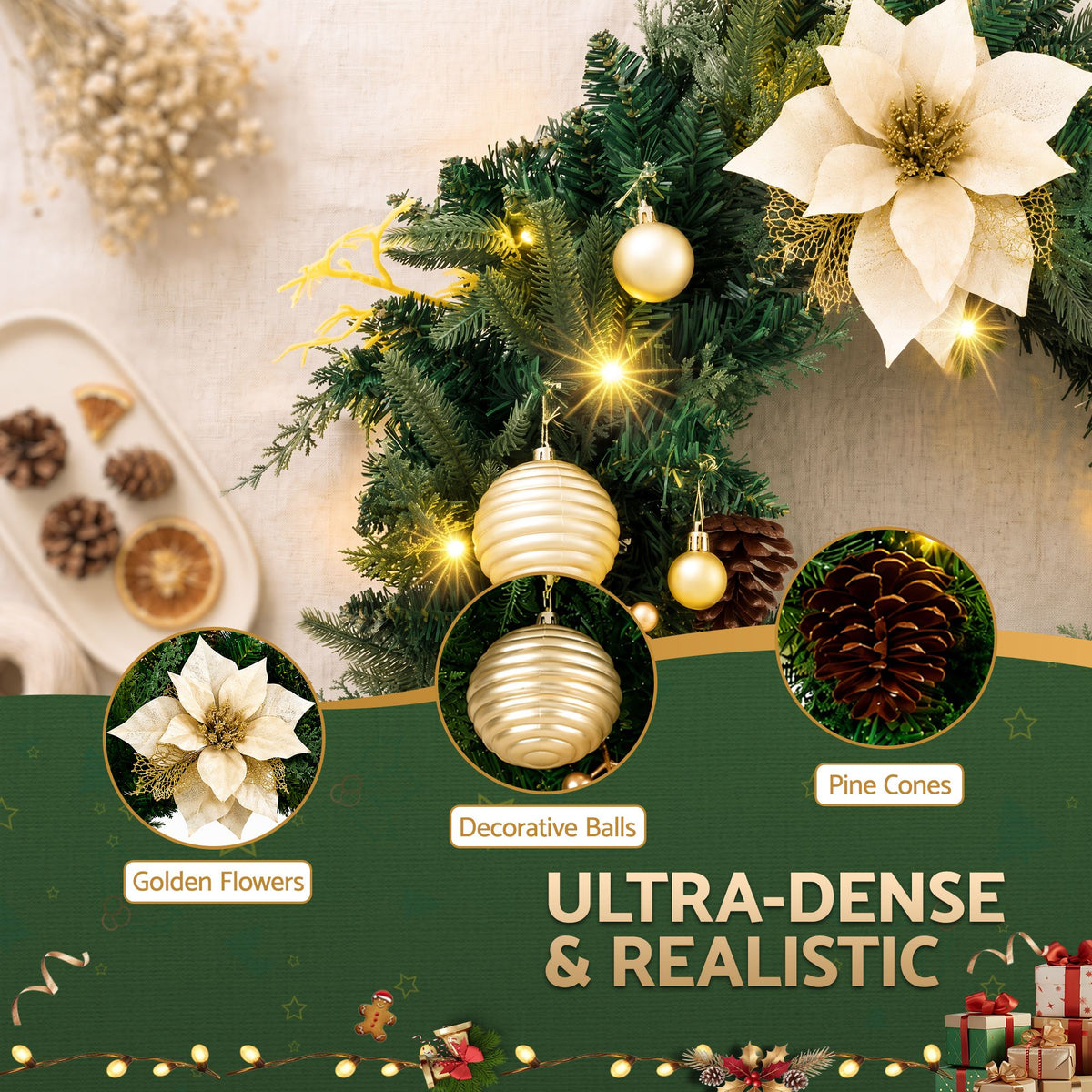 Jingle Jollys 60cm Pre-Lit Christmas Wreath LED Garlands Gold Flowers Pinecones