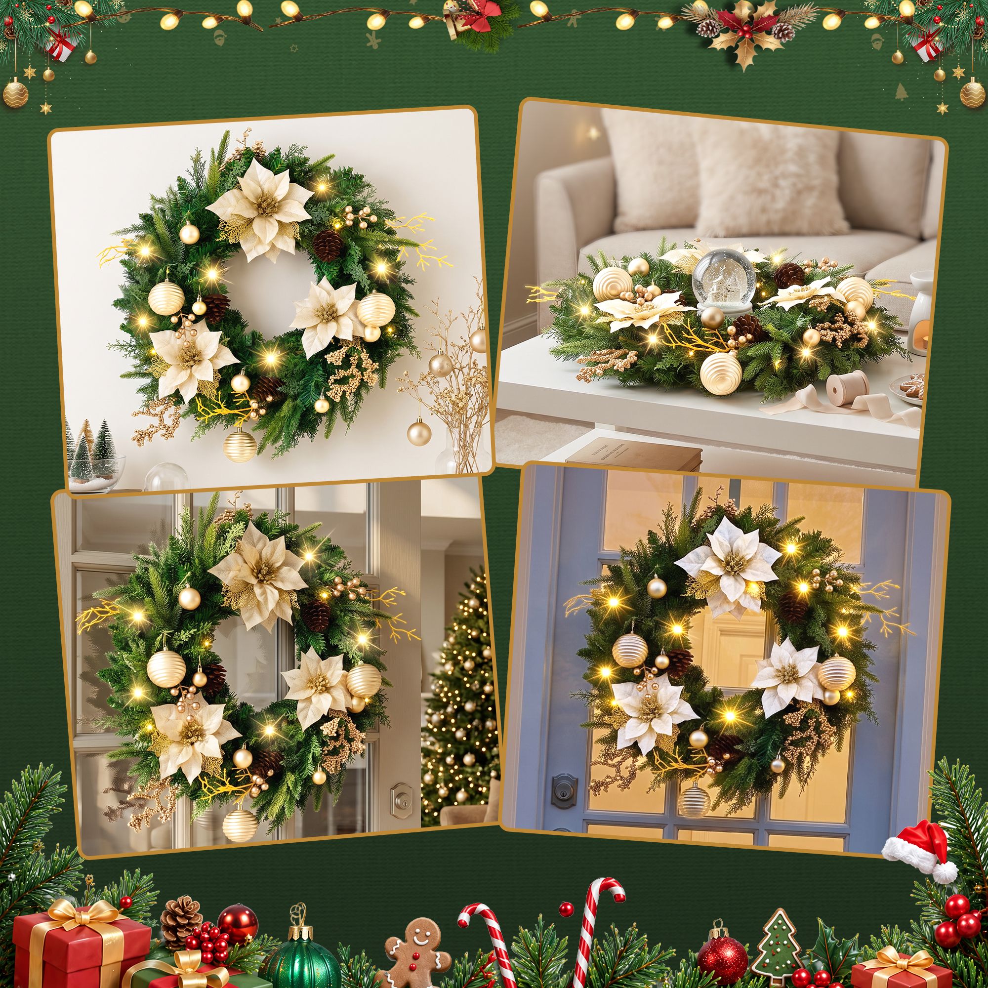 Jingle Jollys 60cm Pre-Lit Christmas Wreath LED Garlands Gold Flowers Pinecones