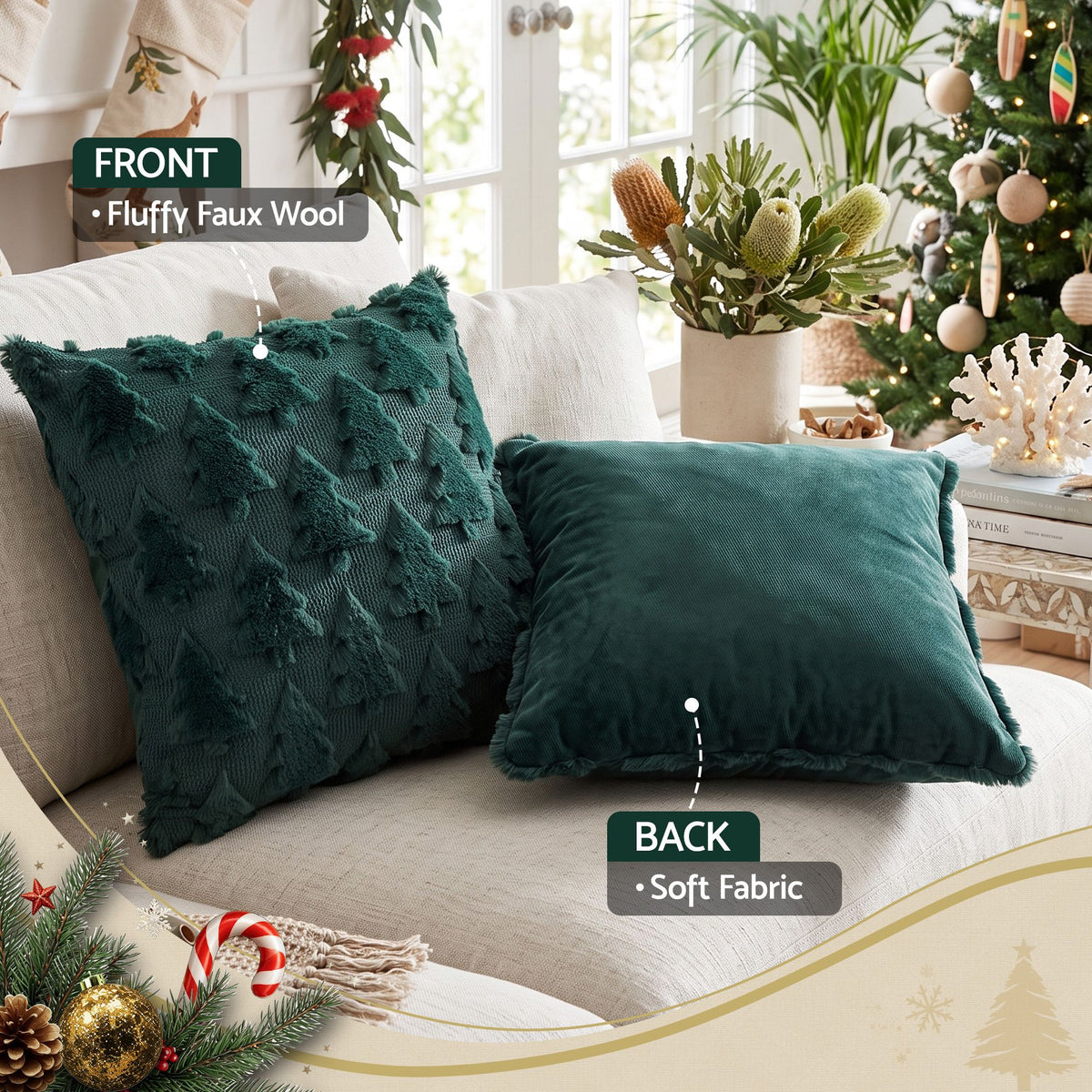 Jingle Jollys Christmas Tree Pillow Covers 2 Pack Faux Fur 45x45cm Green