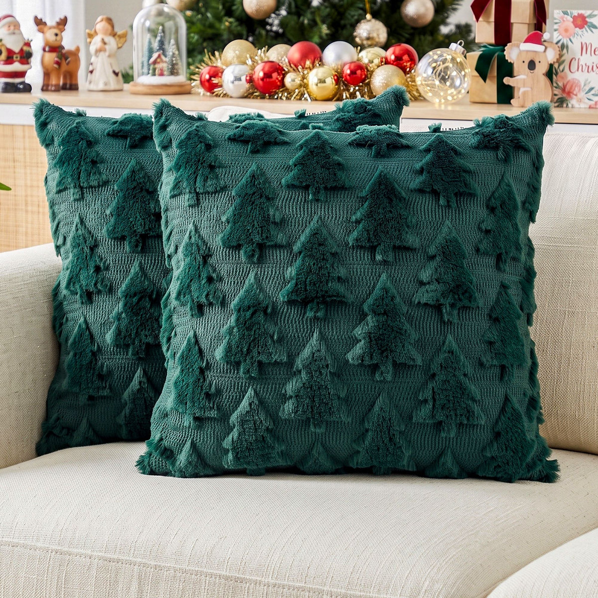 Jingle Jollys Christmas Tree Pillow Covers 2 Pack Faux Fur 45x45cm Green