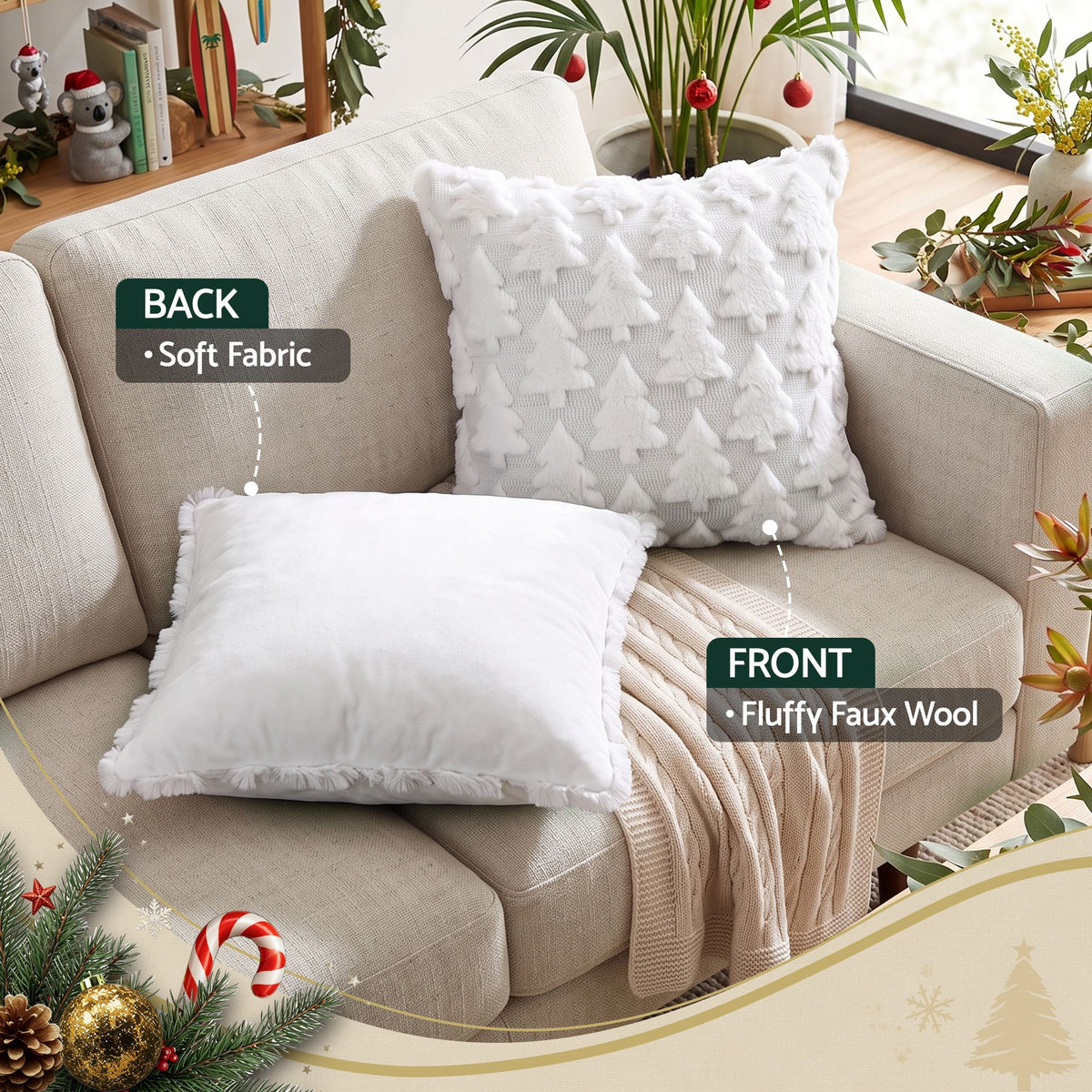 Jingle Jollys Christmas Tree Pillow Covers 2 Pack Faux Fur 45x45cm White