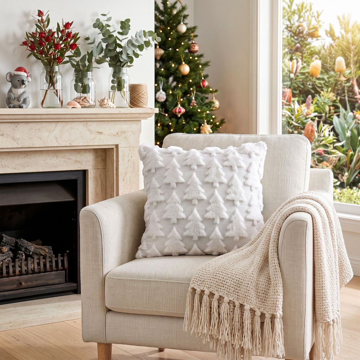 Jingle Jollys Christmas Tree Pillow Covers 2 Pack Faux Fur 45x45cm White