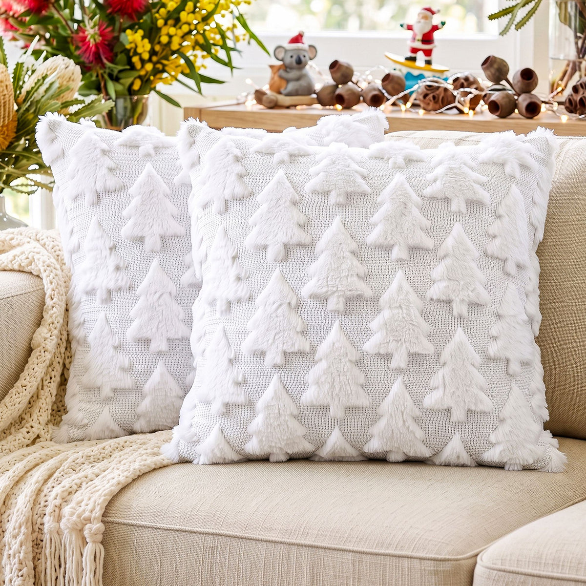 Jingle Jollys Christmas Tree Pillow Covers 2 Pack Faux Fur 45x45cm White