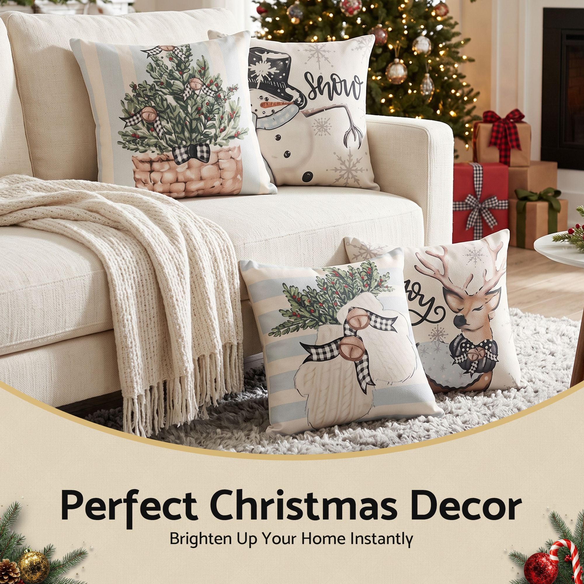 Jingle Jollys Christmas Cushion Covers Set of 4 45x45cm 4 Cute Patterns Blue