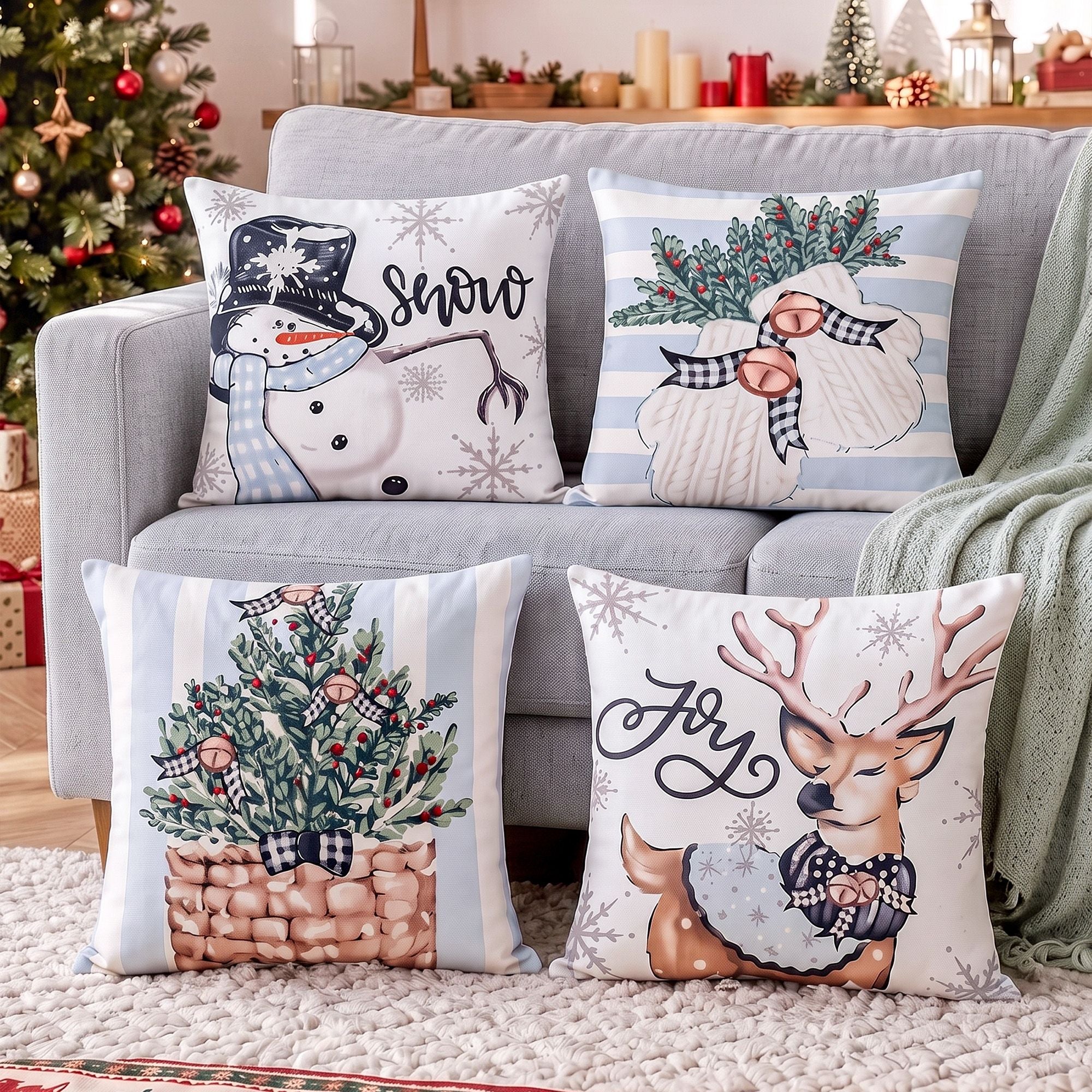 Jingle Jollys Christmas Cushion Covers Set of 4 45x45cm 4 Cute Patterns Blue