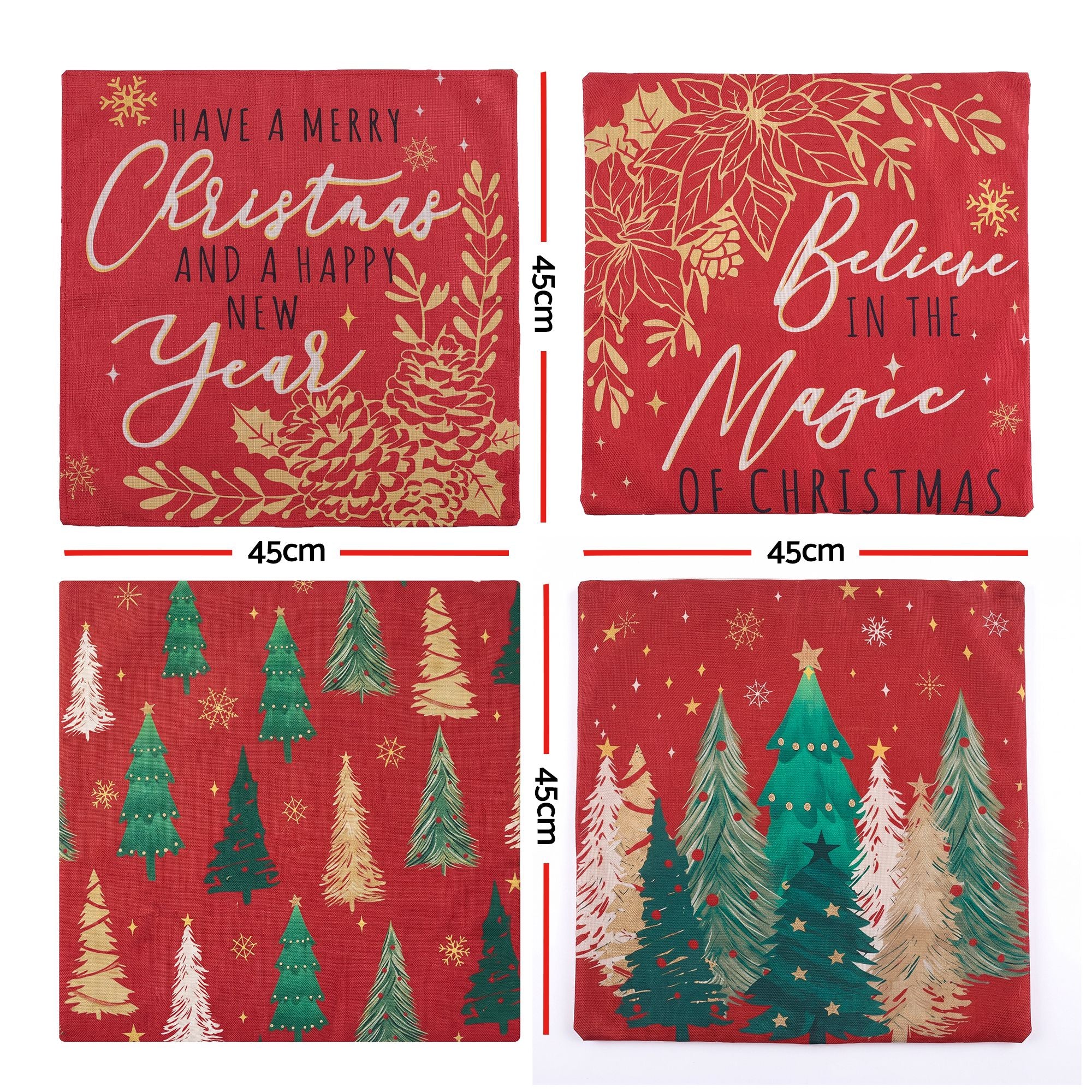 Jingle Jollys Christmas Cushion Covers Set of 4 45x45cm with 4 Cute Patterns Red