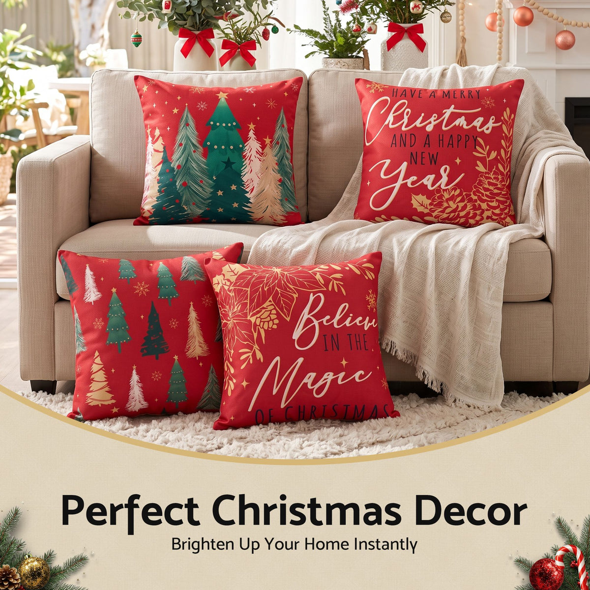 Jingle Jollys Christmas Cushion Covers Set of 4 45x45cm with 4 Cute Patterns Red