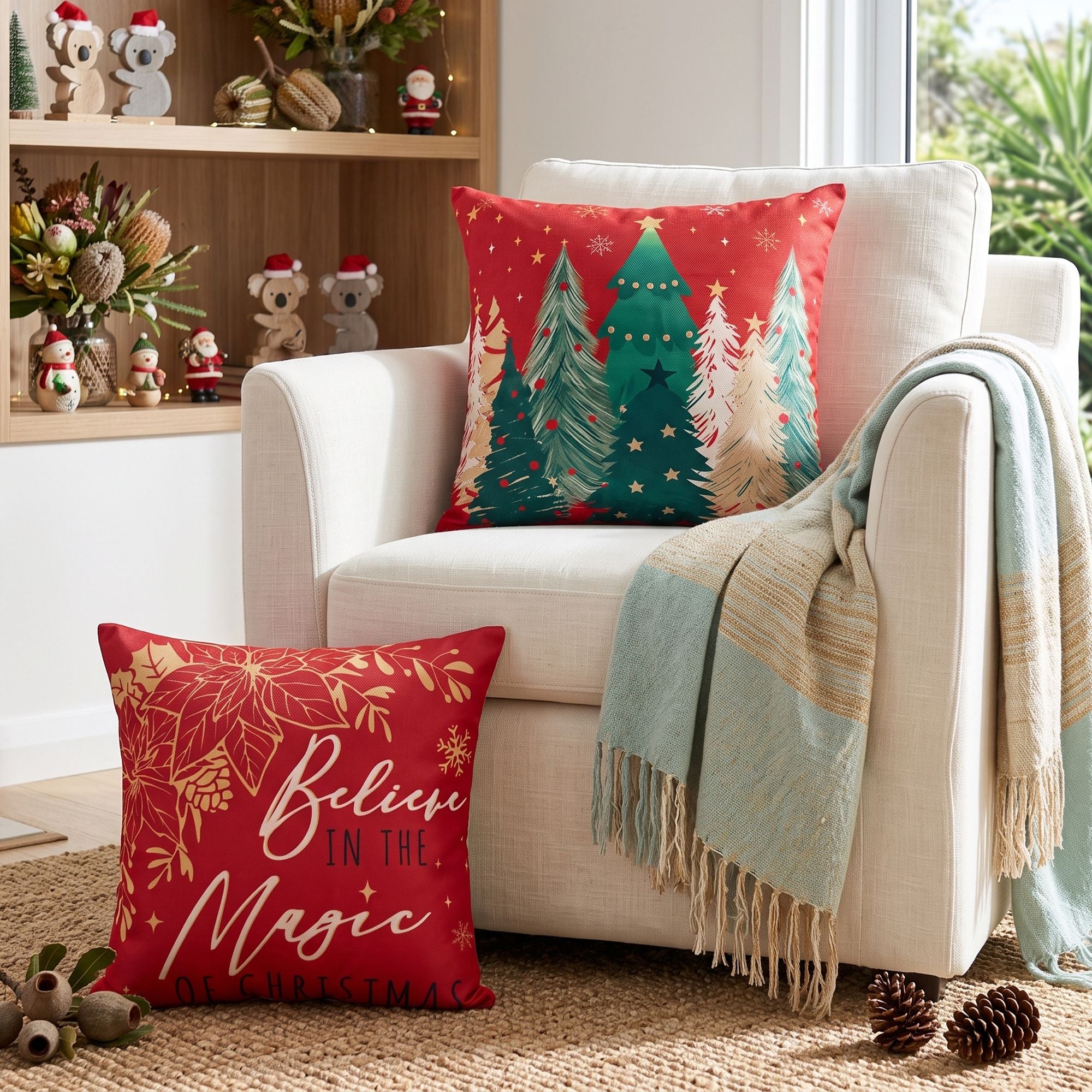Jingle Jollys Christmas Cushion Covers Set of 4 45x45cm with 4 Cute Patterns Red