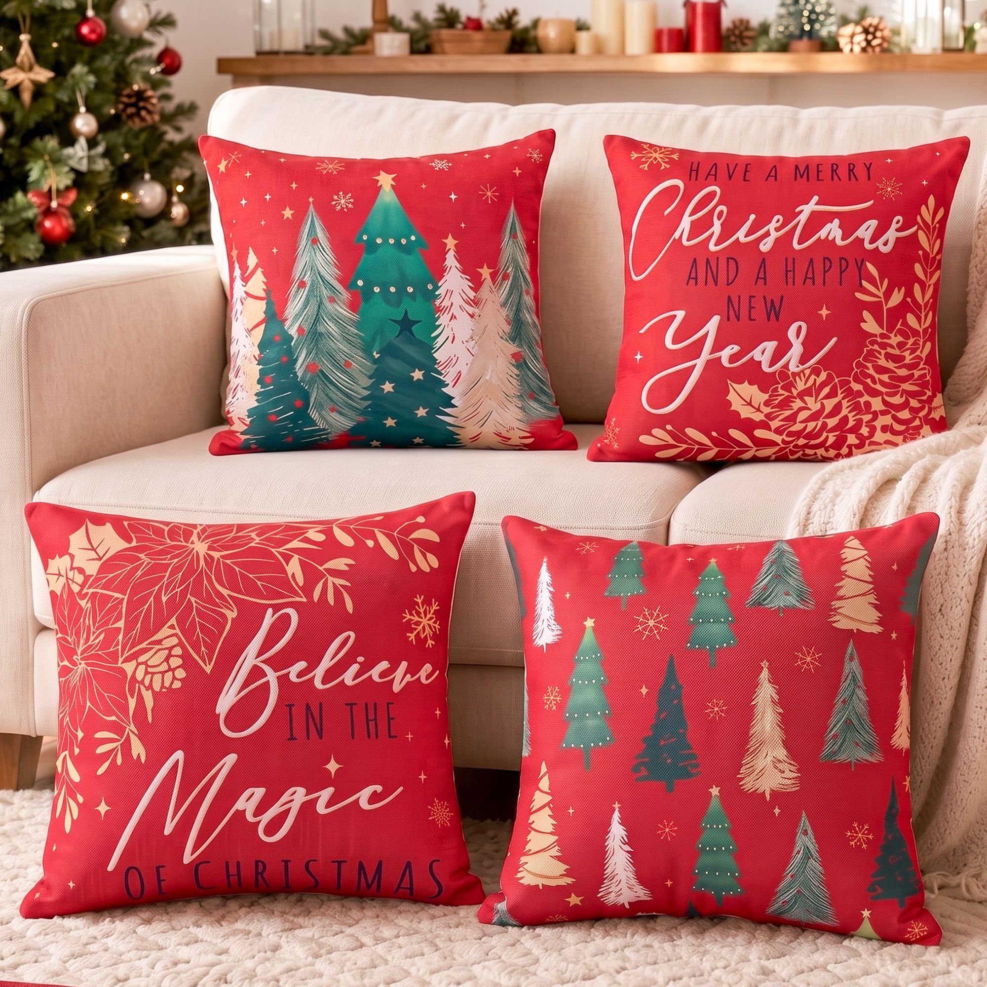 Jingle Jollys Christmas Cushion Covers Set of 4 45x45cm with 4 Cute Patterns Red