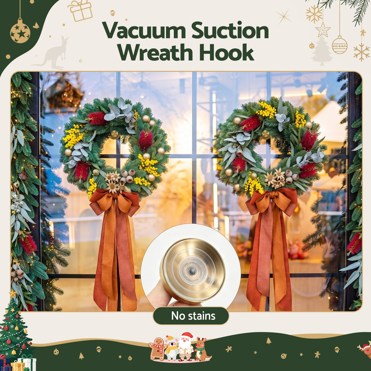 Jingle Jollys 2x Vacuum Suction Cup Christmas Wreath Hook Stainless Steel 5kg