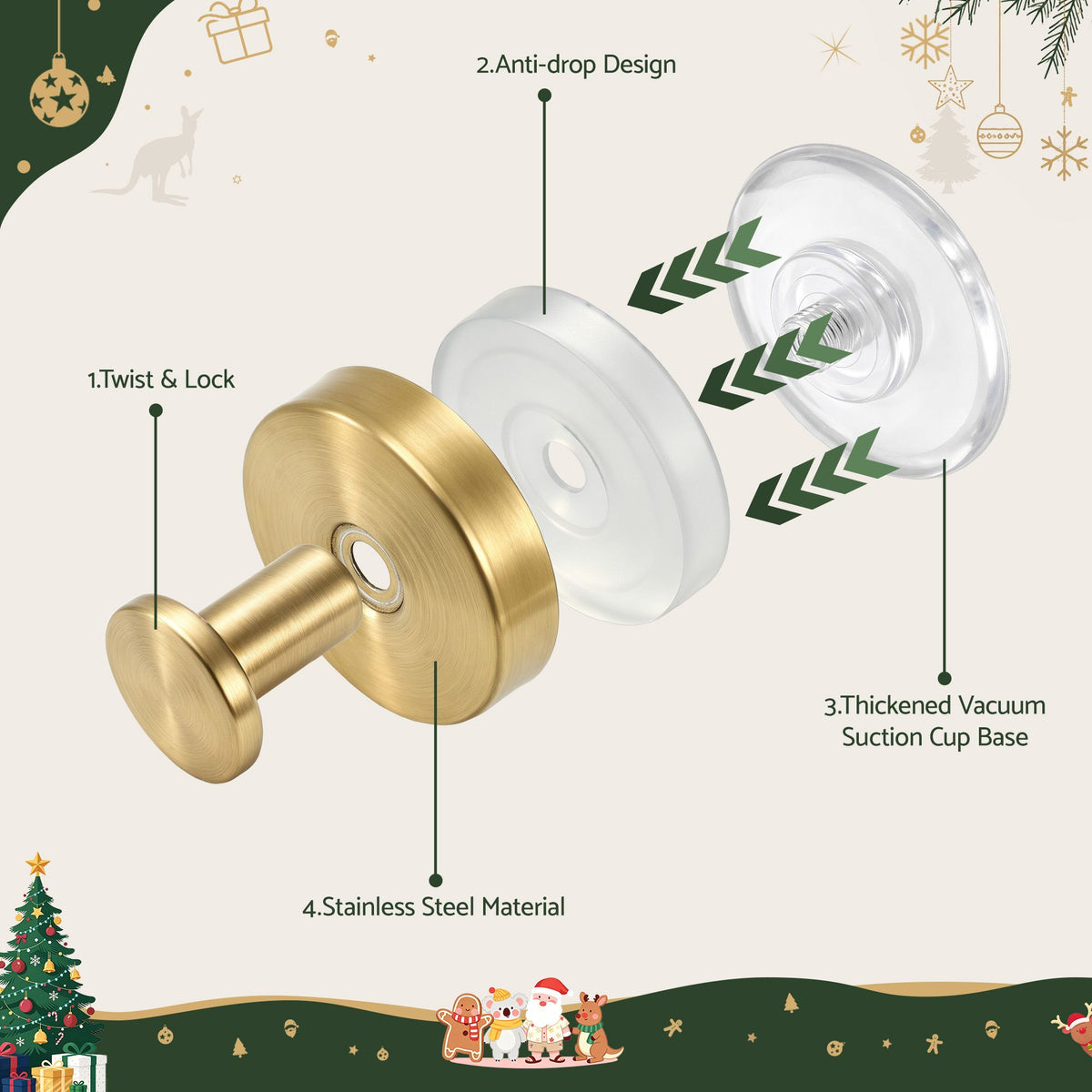 Jingle Jollys 2x Vacuum Suction Cup Christmas Wreath Hook Stainless Steel 5kg