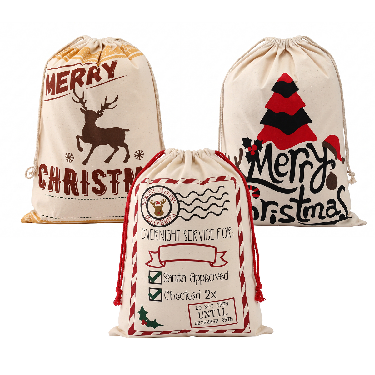 Jingle Jollys 3Pcs Christmas Santa Sacks Canvas Gift Bags Personalised Beige