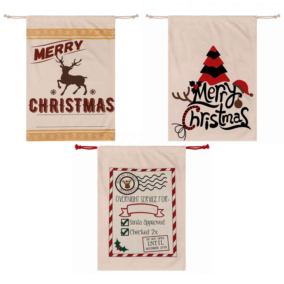 Jingle Jollys 3Pcs Christmas Santa Sacks Canvas Gift Bags Personalised Beige