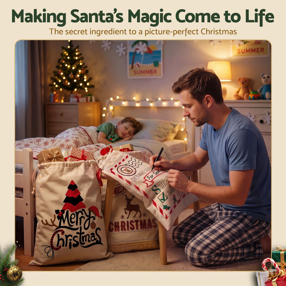 Jingle Jollys 3Pcs Christmas Santa Sacks Canvas Gift Bags Personalised Beige